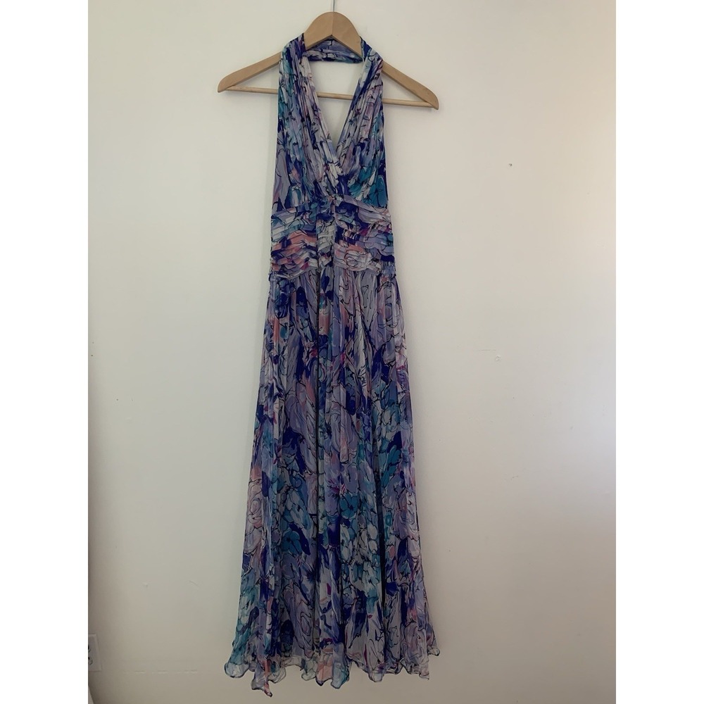 Tadashi Collection Halter Gown 100% Silk Floral Sz 6 Lined Wedding Prom Formal